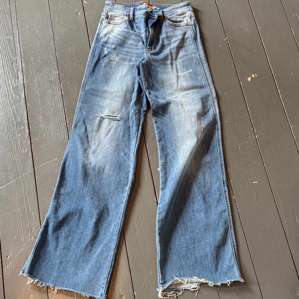 Judy Blue Medium Blue Distressed Wide Leg Jeans